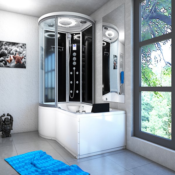 Moderne Dampfduschkabine mit Badewanne, Eckkabine aus Glas mit schwarzer Rückwand, Massagedüsen und integrierter Beleuchtung im Badezimmer.