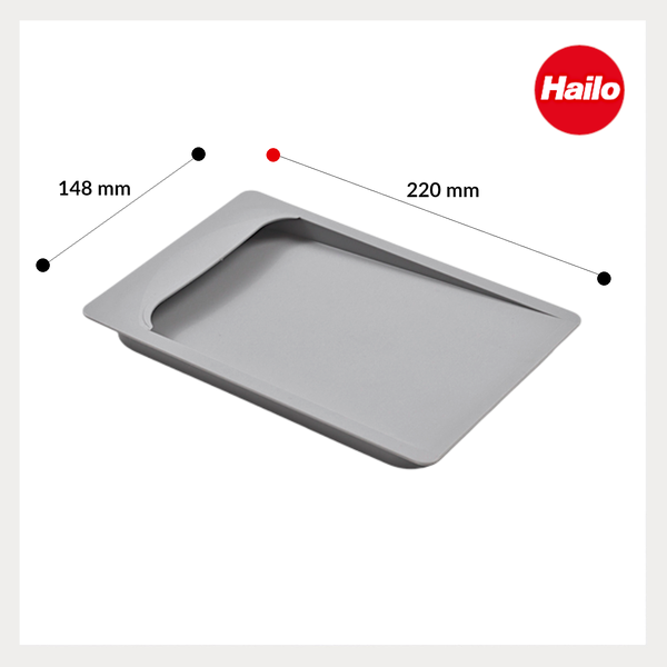 Hailo Ablageschale mit den Maßen 148 Millimeter mal 220 Millimeter. Hailo Logo.