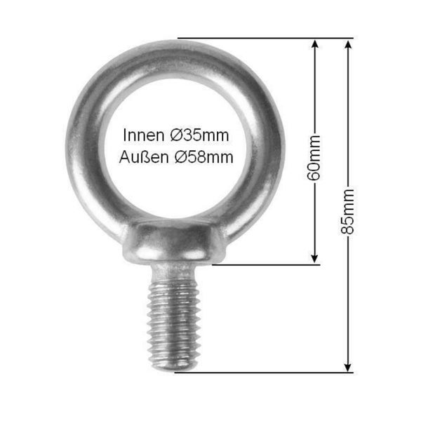 Ringmutter mit Gewindebolzen aus Metall, Innendurchmesser 35 Millimeter, Außendurchmesser 58 Millimeter, Gesamthöhe 85 Millimeter.