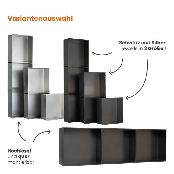 Wandeinbaunische in Schwarz und Silber, erhältlich in drei Größen, für vertikale und horizontale Montage geeignet.