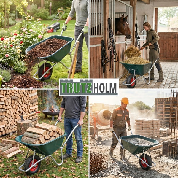 Vier Bilder einer Trutzholm Schubkarre im Einsatz bei Gartenarbeit, Pferdestall, Holzarbeiten und auf einer Baustelle mit Metallrahmen und Rad.