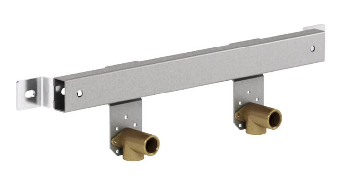 Montagebrücke aus verzinktem Stahl mit zwei Wandwinkeln aus Messing für Sanitärinstallationen.