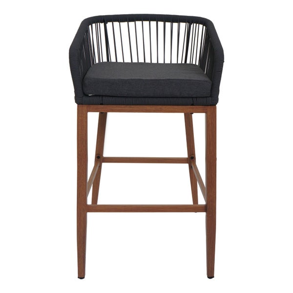 Barstuhl mit Rückenlehne und Armlehnen aus Holz und Textil