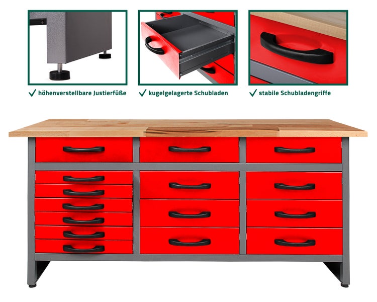 Ondis24 Werkbank Konny 160 cm rot, 15 Schieber, Werkstatteinrichtung