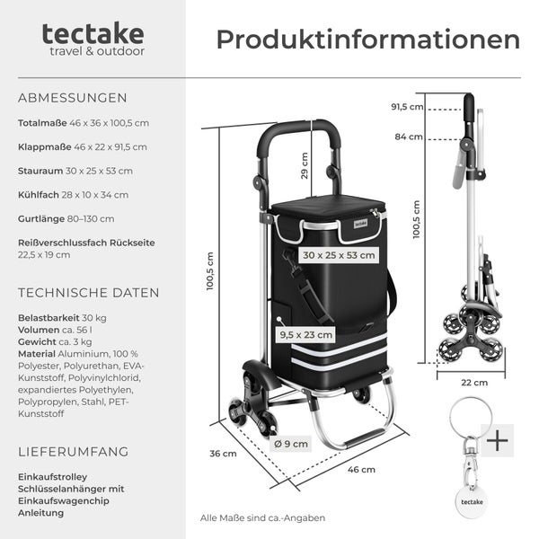 Produktinformationen zum tectake Treppensteiger-Einkaufstrolley mit Abmessungen, technischen Daten und Lieferumfang inklusive Schlüsselanhänger.