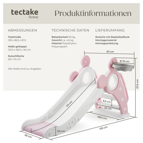 Kinderrutsche tectake Joy Belastbarkeit 50 kg, 128 x 66,5 x 67,5 cm ab 2 Jahren pink
