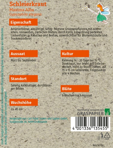 Rückseite der Samenpackung für Schleierkraut Maxima Alba mit Anbauhinweisen für Aussaat und Standort. Nachhaltig verpackt in Graspapier.