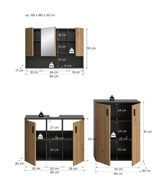 Badezimmermöbel-Set bestehend aus Spiegelschrank, Unterschrank und Beischrank mit technischen Maßen in Zentimetern und Traglast in Kilogramm.