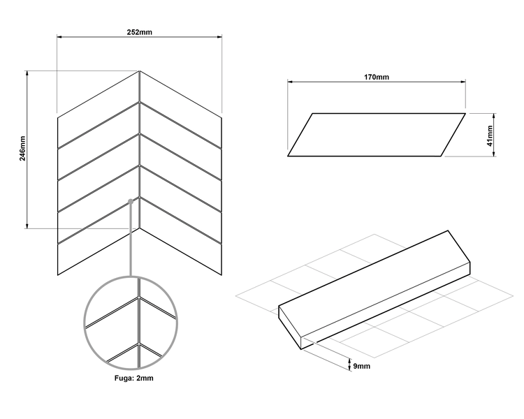 Technische Zeichnung einer Chevron Fliese mit Maßen von 170 mal 41 Millimeter, einer Stärke von 9 Millimeter und einer Fugenbreite von 2 Millimeter.