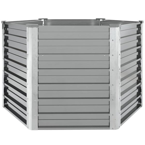 Sechseckiges Hochbeet aus Metall mit horizontalen Lamellen und verstärkten Eckprofilen.