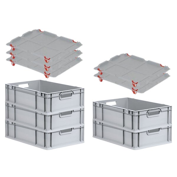 PROREGAL SuperSparSet 5x Eurobox NextGen Grip mit Auflagedeckel mit 4 Roten Schiebeschnappverschlüssen HxBxT 17 x 40 x 60 cm 34 Liter Griffe