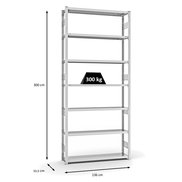 PROREGAL Fachbodenregal Stecksystem T-Profil Heavy-Duty Grundregal HxBxT 300 x 130 x 30 cm 7 Ebenen Fachlast 300 kg Beidseitig Nutzbar Lichtgrau