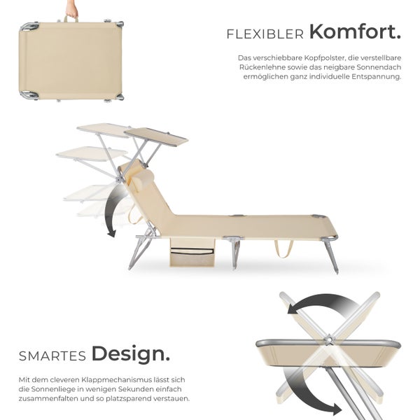 Sonnenliege tectake Chloé 190 x 68 x 28 cm, mit Seitentasche klappbar  beige