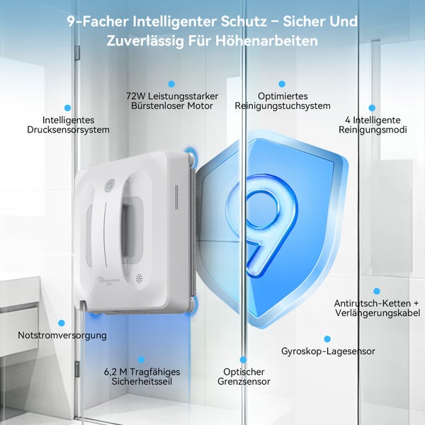 Fensterreinigungsroboter an einer Glaswand mit 72 Watt Motor, 6,2 Meter Sicherheitsseil und 9-fachem intelligentem Schutzsystem.