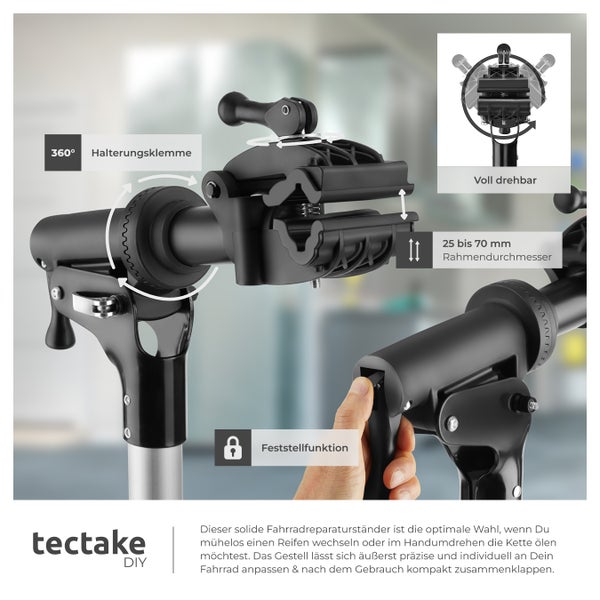 Fahrradmontageständer tectake Tristan inklusive Vorderrad-Stabilisator und magnetischer Werkzeugablage Belastbarkeit 50 kg, klappbar mit Schnellverschlüssen schwarz