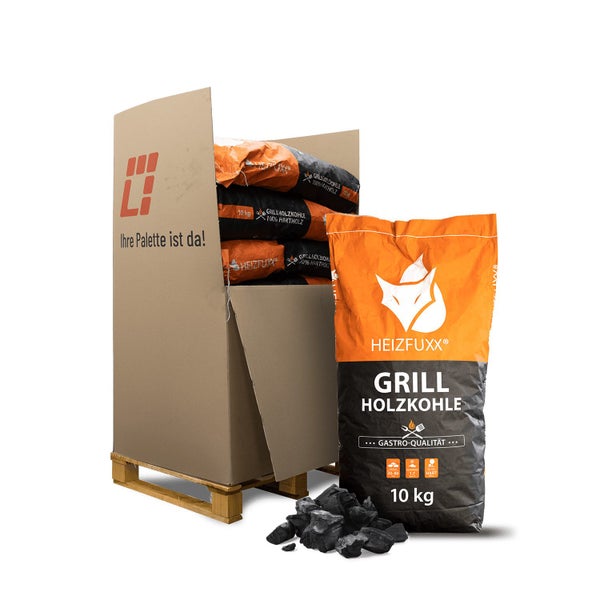 Heizfuxx Grillholzkohle auf Palette mit 10 Kilogramm Sack im Vordergrund