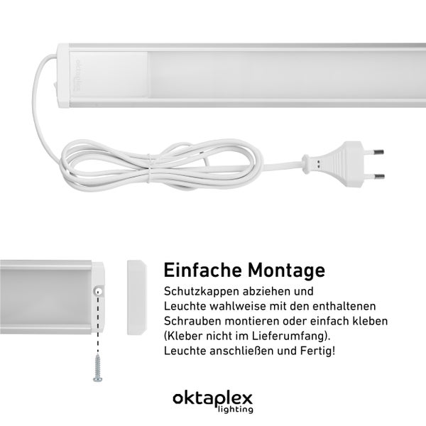 Oktaplex Lighting LED Unterbauleuchte mit Stecker und Montageanleitung für einfache Befestigung durch Schrauben oder Kleben