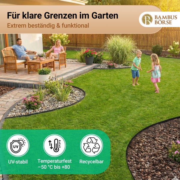 Moderner Garten mit Rasenkante zur Trennung von Rasen und Beeten. UV-stabil, temperaturfest von minus 50 bis plus 80 Grad Celsius und recycelbar.