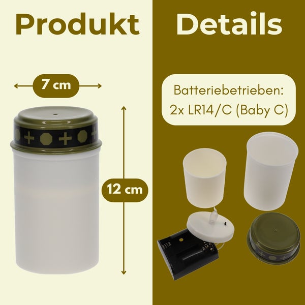 LED-Grablicht mit den Maßen 7 Zentimeter Durchmesser und 12 Zentimeter Höhe. Batteriebetrieben mit zwei LR14 C Batterien. Mit Kreuzen und Oktogonen.