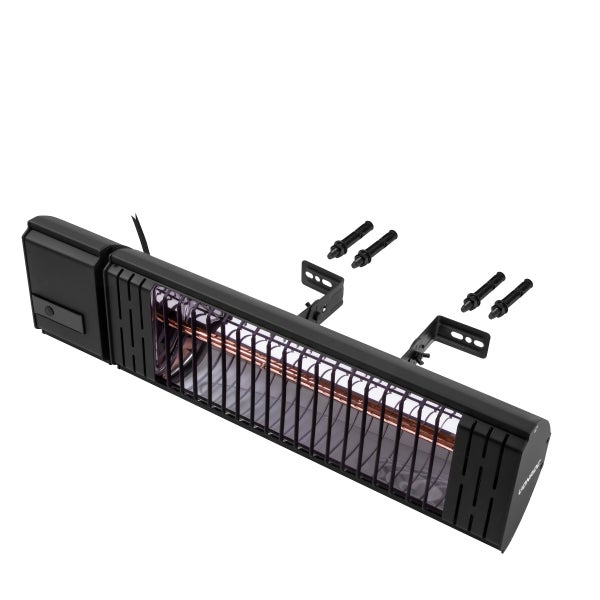 Schwarzer Infrarot-Heizstrahler für die Wandmontage mit Montagehalterungen und Schrauben.