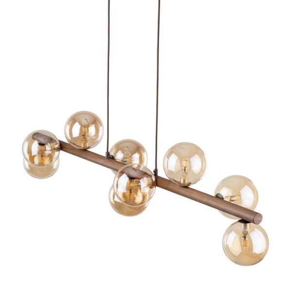 Hängelampe mit Holzstab und bernsteinfarbenen Glaskugeln