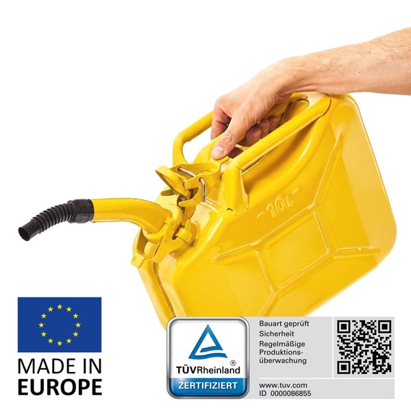 Gelber Metall-Kraftstoffkanister 10 Liter mit flexiblem Ausgussrohr, Made in Europe und TÜV Rheinland zertifizierte Sicherheit.