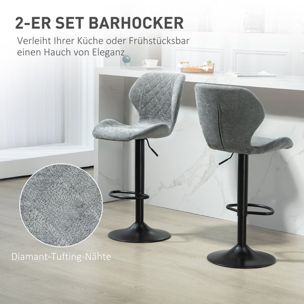 HOMCOM Barhocker 2er-Set, Gepolstert Barstuhl mit Lehne, Chenille-Optik, Stahlgestell, Höhenverstellbare Küchenstühle mit Fußstütze Drehbar Tresenhocker modern für Küche, Dunkelgrau