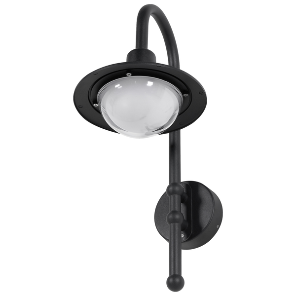 Schwarze Außenwandleuchte mit gebogenem Arm und rundem, weißem Glasschirm.