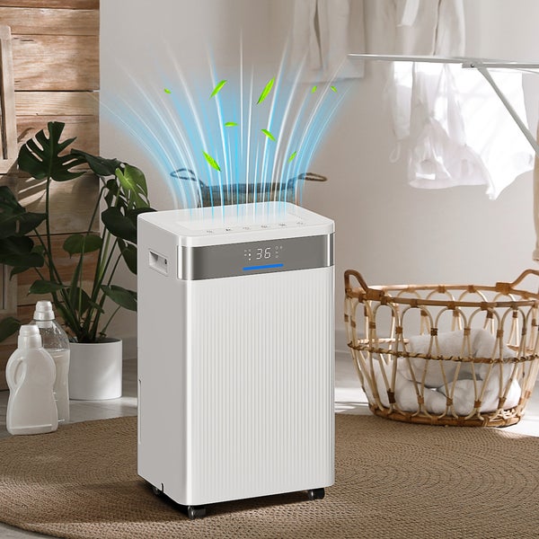 Mobiler Luftentfeuchter in Weiß mit Digitalanzeige, platziert in einem hellen Hauswirtschaftsraum mit Wäschekorb und Zimmerpflanze.