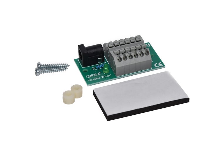 ONPIRA Verteiler W2x6H Modul mit Hohlbuchse, Klemmen, LED, Schrauben und Klebepad