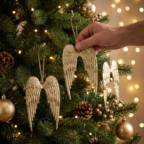 Hand hängt Flügelanhänger als Weihnachtsbaumschmuck an einen geschmückten Tannenbaum mit Zapfen und Kugeln.