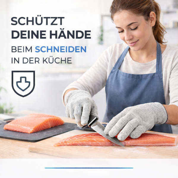 Schnittfeste Handschuhe schützen die Hände beim Schneiden von Fisch in der Küche. Symbol für Handschutz.