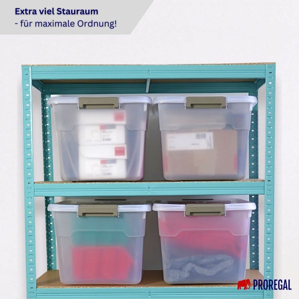 Regal mit vier transparenten Aufbewahrungsboxen für zusätzlichen Stauraum, Marke Proregal Logo