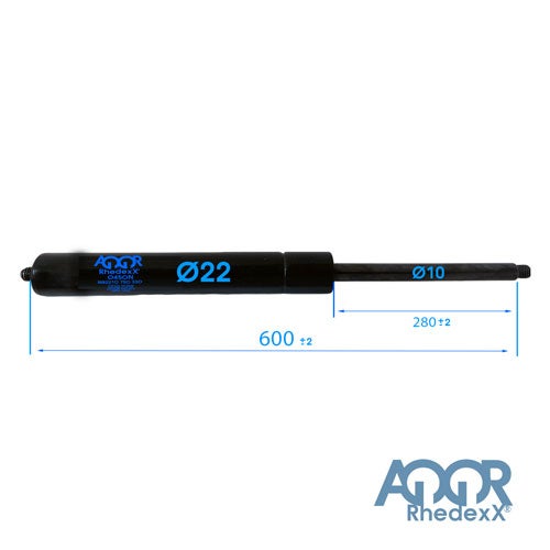 Rhedexx Gasdruckfeder, Gesamtlänge 600 Millimeter, Hub 280 Millimeter, Zylinder 22 Millimeter, Kolbenstange 10 Millimeter. AQQOR Rhedexx Logo.
