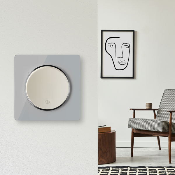 Runder Rollladenschalter mit quadratischem Rahmen montiert an einer Wand in einem modern eingerichteten Wohnzimmer mit Sessel und Wandbild