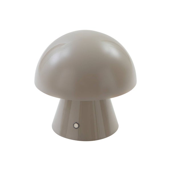 Pilzförmige Tischleuchte aus Kunststoff in Beige mit glänzender Oberfläche.