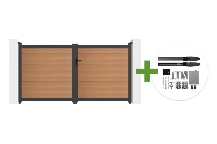 Zweiflügeliges Einfahrtstor in Holzoptik mit anthrazitfarbenem Rahmen inklusive elektrischem Torantrieb-Set.