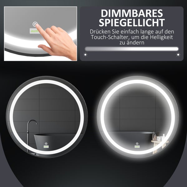 kleankin Badezimmerspiegel, Ø60cm LED Badspiegel mit 3 Lichtfarben, Wandspiegel mit Touch-Funktion, Memory-Funktion, IP44, Schwarz