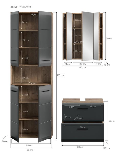 Dreiteiliges Badezimmermöbel Set mit Maßangaben für Hochschrank, Spiegelschrank und Waschbeckenunterschrank in Holzoptik und Grau.