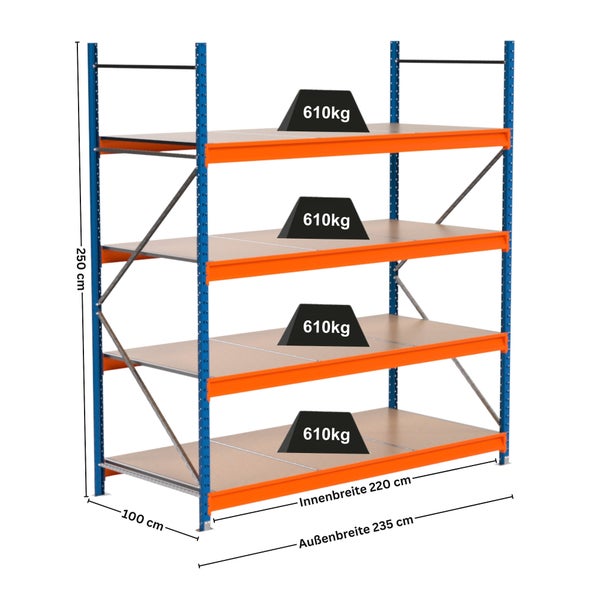 Lagerregal mit vier Regalböden und den Maßen 250 cm Höhe, 235 cm Außenbreite und 100 cm Tiefe