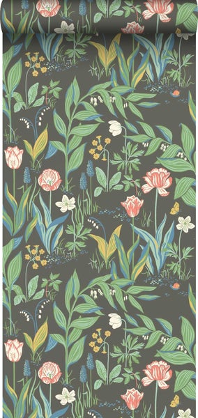 Borastapeter Tapete Blumen Schwarz und Grün - 53 cm x 10.05 m - 660424