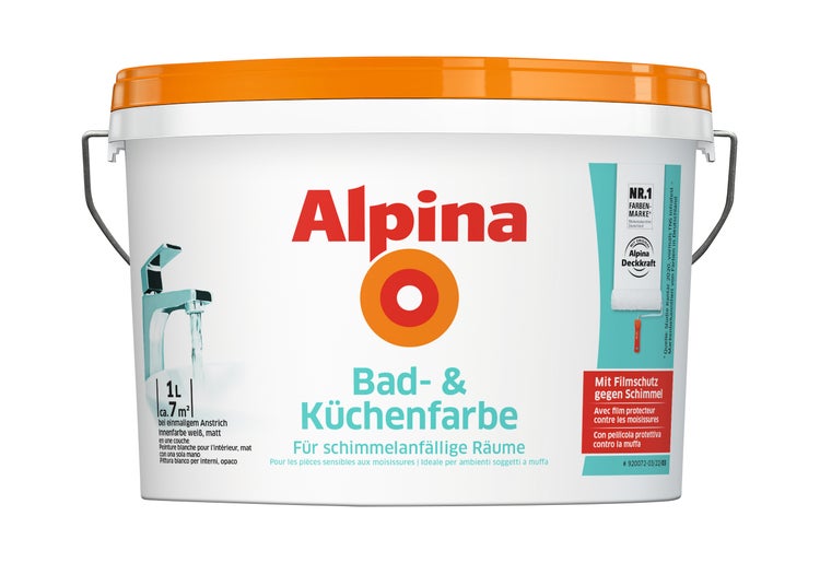 Alpina Bad- und Küchenfarbe, 1 Liter, matt weiß, für schimmelanfällige Räume, mit Filmschutz gegen Schimmel.