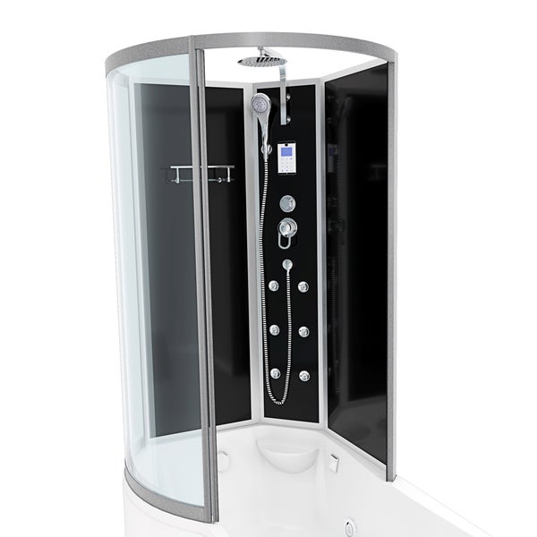 Duschkabine mit schwarzen Rückwänden, Regendusche, Handbrause, Massagedüsen und digitalem Bedienpaneel auf einer tiefen Duschwanne.