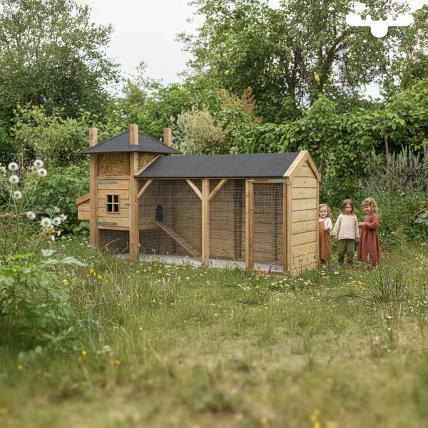 Helles Holz-Hühnerhaus mit Auslauf im Garten, umgeben von drei Kindern.