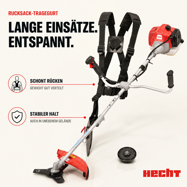 Hecht Benzin-Motorsense mit Rucksack-Tragegurt zur rückenfreundlichen Gewichtsverteilung und für stabilen Halt in unebenem Gelände. Hecht Logo.