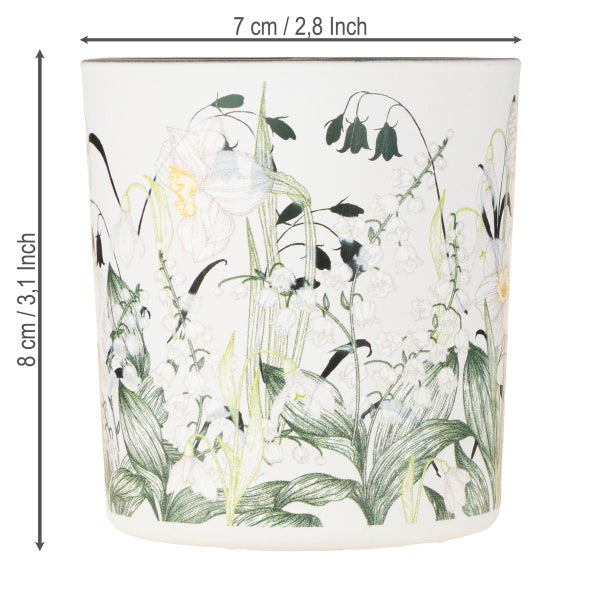 Runder Übertopf mit Blumenmuster, Maße 7 Zentimeter Durchmesser und 8 Zentimeter Höhe, ideal für kleine Zimmerpflanzen.
