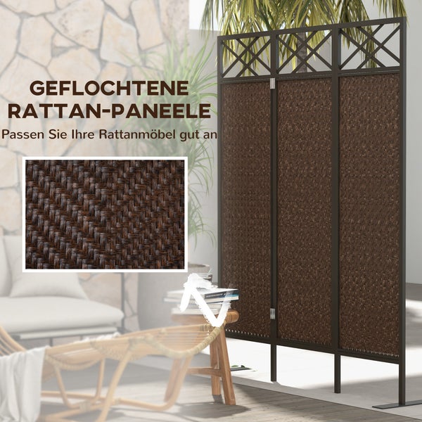 Outsunny Paravant, Garten Raumteiler mit Rattanoptik, 148 x 181 cm, Stahl, Dunkelbraun