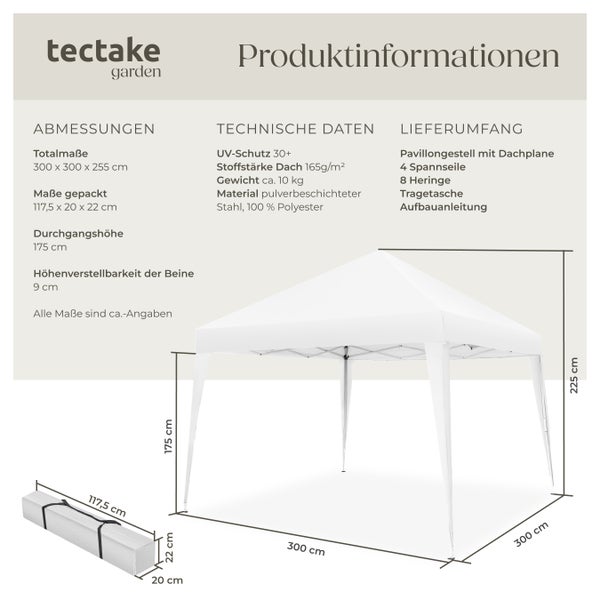 Pavillon tectake Linosa inklusive Spannseile, Heringe und Tragetasche 3 x 3 m weiß
