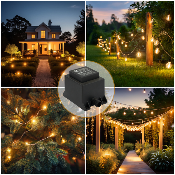 Schwarzer Netzadapter für Außenbeleuchtung mit Anwendungsbeispielen wie Lichterketten im Garten und stimmungsvolle Hausbeleuchtung.