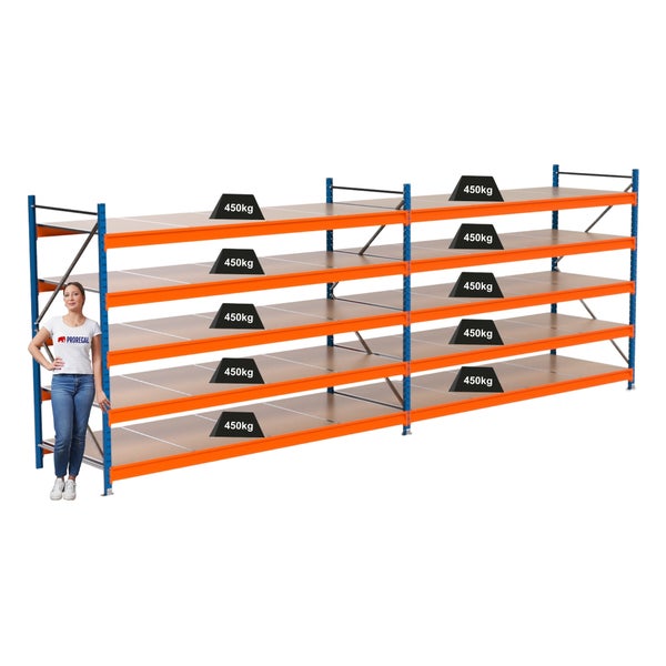 Regalsystem mit mehreren Ebenen und einer Traglast von 450 kg pro Ebene.